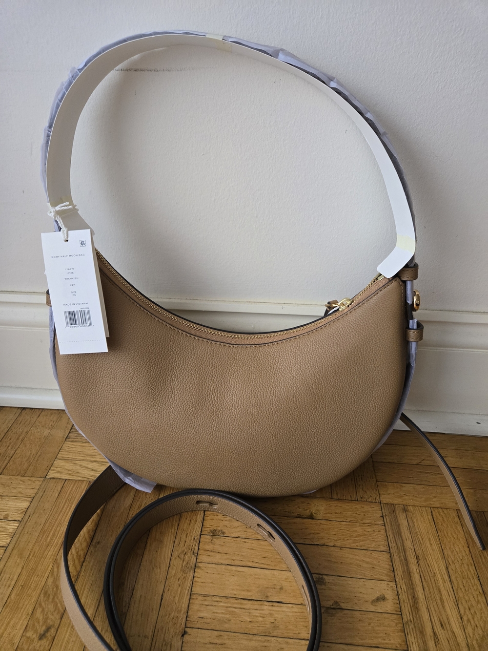 Brand New With Tags Tory Burch Romy Moon Shaped Shoulder Bag in Camel